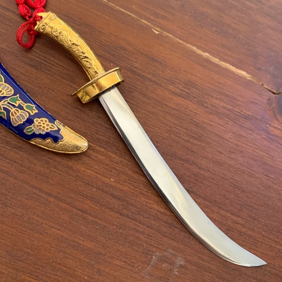 Decorative Cloisonne Sword Letter Opener Gold Plated with Red Tassel - Picture 2 of 9